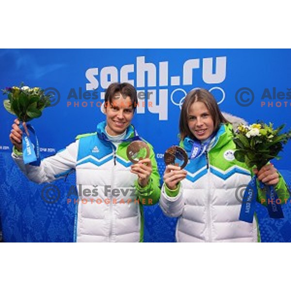 Teja Gregorin and Vesna Fabjan of Slovenia ,Olympic bronze medalists at Medal Plaza, Sochi 2014 Winter Olympic Games on February 12, 2014