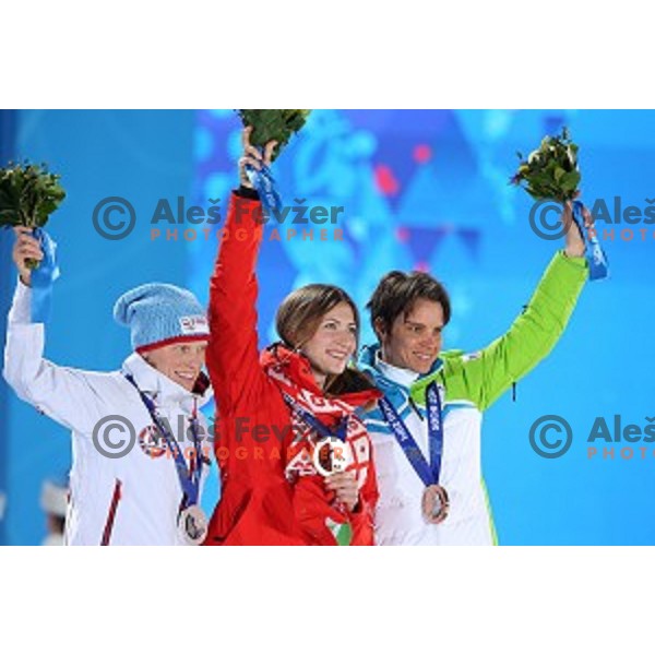 Teja Gregorin of Slovenia, Olympic bronze medalist in Biathlon Women\'s 10 km Pursuit celebrates at Medal Plaza, Sochi 2014 Winter Olympic Games on February 12, 2014