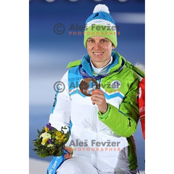 Teja Gregorin of Slovenia, Olympic bronze medalist in Biathlon Women\'s 10 km Pursuit celebrates at Medal Plaza, Sochi 2014 Winter Olympic Games on February 12, 2014