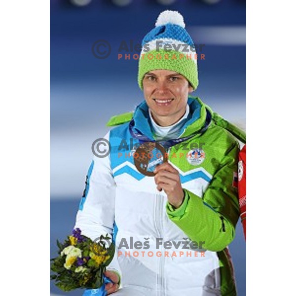 Teja Gregorin of Slovenia, Olympic bronze medalist in Biathlon Women\'s 10 km Pursuit celebrates at Medal Plaza, Sochi 2014 Winter Olympic Games on February 12, 2014