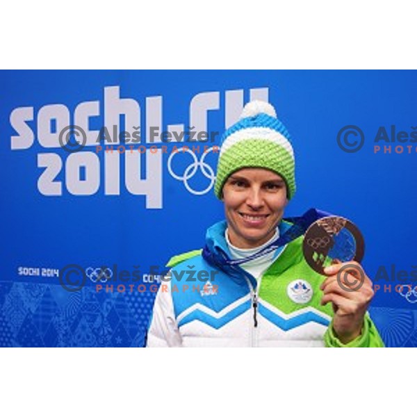 Teja Gregorin of Slovenia, Olympic bronze medalist in Biathlon Women\'s 10 km Pursuit celebrates at Medal Plaza, Sochi 2014 Winter Olympic Games on February 12, 2014