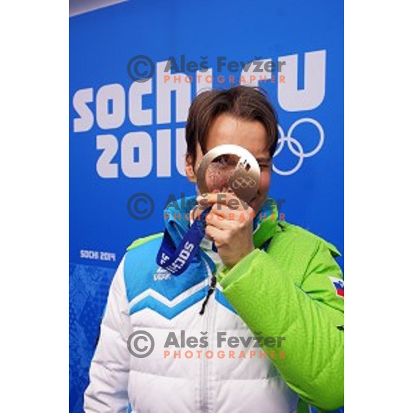 Teja Gregorin of Slovenia, Olympic bronze medalist in Biathlon Women\'s 10 km Pursuit celebrates at Medal Plaza, Sochi 2014 Winter Olympic Games on February 12, 2014