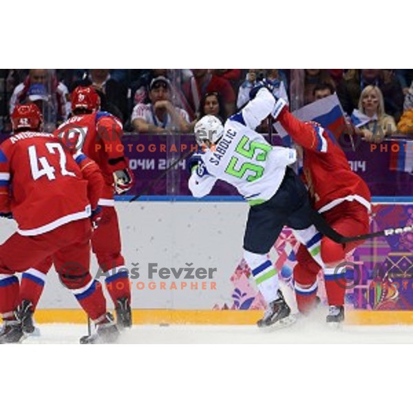 Robert Sabolic of Slovenia in action during Preliminary round match Russia-Slovenia at Bolshoy Ice Dome, Sochi 2014 Winter Olympic games, Russia on February 13, 2014