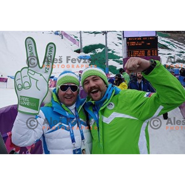 Dr. Matjaz Turel and Filip Flisar of Slovenia in Extreme Park Rosa Khutor , Sochi 2014 Winter Olympic Games on February 11, 2014