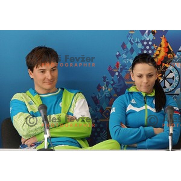 Rok Marguc, Gloria Kotnik of Slovenia during press conference of Snowboard and Ski Cross Team Slovenia in Mountain Village, Sochi 2014 Winter Olympic Games, Russia on February 14, 2014