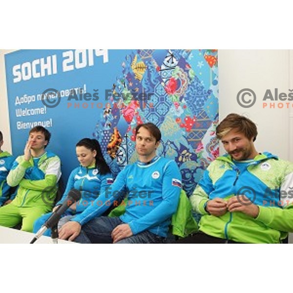 Gloria Kotnik, Rok Flander, Filip Flisar of Slovenia during press conference of Snowboard and Ski Cross Team Slovenia in Mountain Village, Sochi 2014 Winter Olympic Games, Russia on February 14, 2014