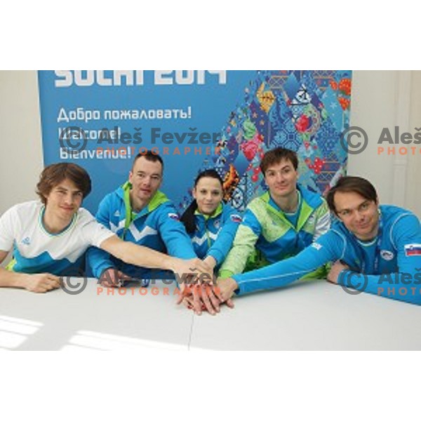 Zan Kosir, Izidor Sustersic, Gloria Kotnik, Rok Flander, Rok Marguc of Slovenia during press conference of Snowboard and Ski Cross Team Slovenia in Mountain Village, Sochi 2014 Winter Olympic Games, Russia on February 14, 2014