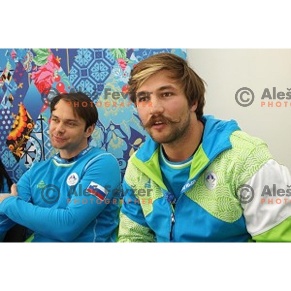 Rok Flander, Filip Flisar of Slovenia during press conference of Snowboard and Ski Cross Team Slovenia in Mountain Village, Sochi 2014 Winter Olympic Games, Russia on February 14, 2014