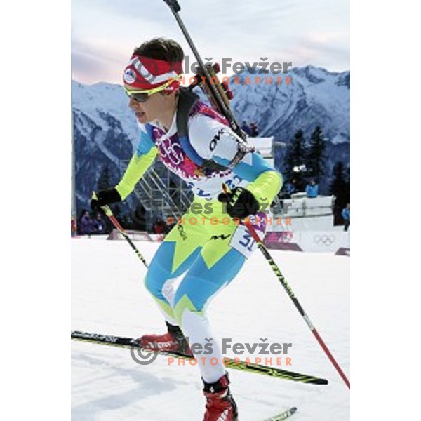 Teja Gregorin of Slovenia racing in Biathlon Women\'s 15 km at Laura Cross-Country & Biathlon Center, Sochi 2014 Winter Olympic Games on February 14, 2014