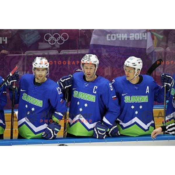 David Rodman, Tomaz Razingar, Marcel Rodman of Slovenia watching action during Preliminary round match Slovakia-Slovenia at Bolshoy Ice Dome, Sochi 2014 Winter Olympic games, Russia on February 15, 2014