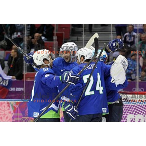 Mitja Robar, Blaz Gregorc of Slovenia in action during Preliminary round match Slovakia-Slovenia at Bolshoy Ice Dome, Sochi 2014 Winter Olympic games, Russia on February 15, 2014