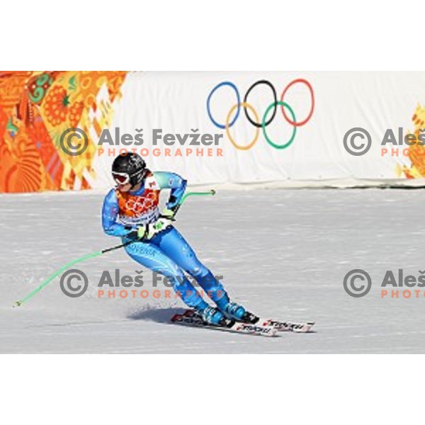 Tina Maze of Slovenia in the finish area of Ladies Super-G in Rosa Khutor Alpine Center , Sochi 2014 Winter Olympic Games on February 15, 2014