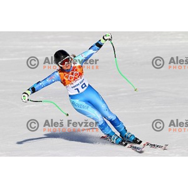 Tina Maze of Slovenia in the finish area of Ladies Super-G in Rosa Khutor Alpine Center , Sochi 2014 Winter Olympic Games on February 15, 2014