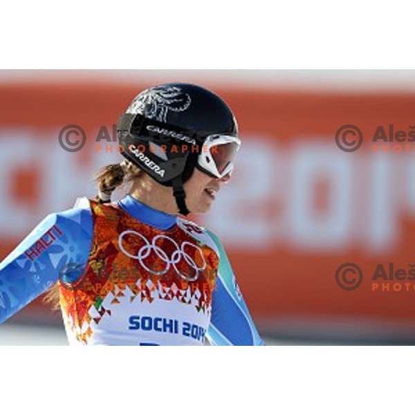 Tina Maze of Slovenia in the finish area of Ladies Super-G in Rosa Khutor Alpine Center , Sochi 2014 Winter Olympic Games on February 15, 2014