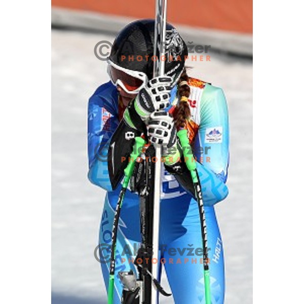 Tina Maze of Slovenia in the finish area of Ladies Super-G in Rosa Khutor Alpine Center , Sochi 2014 Winter Olympic Games on February 15, 2014