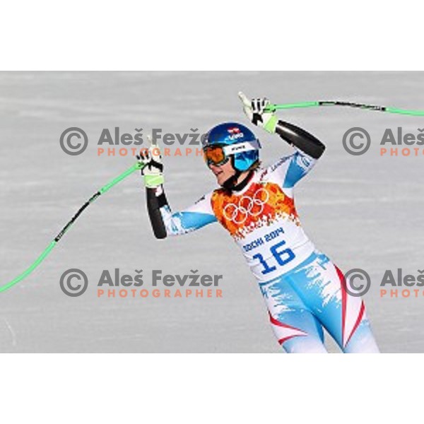 Nicole Hosp (AUT) in the finish area of Ladies Super-G in Rosa Khutor Alpine Center , Sochi 2014 Winter Olympic Games on February 15, 2014