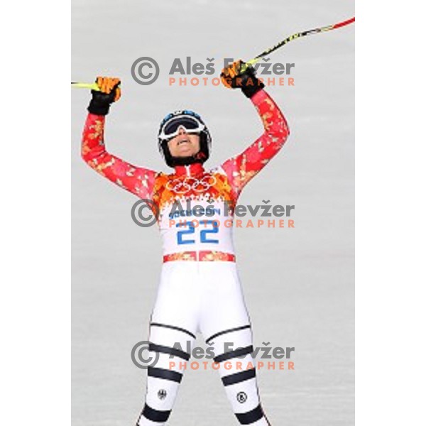 Maria Hoefl-Riesch (GER) in the finish area of Ladies Super-G in Rosa Khutor Alpine Center , Sochi 2014 Winter Olympic Games on February 15, 2014