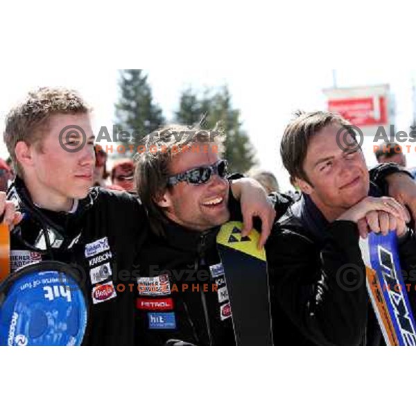 Skube, Zavirsek and Perko (left to right) listen slovene national anthemn after slalom race for Slovenian National Championship at Krvavec Ski Resort.Photo by Ales Fevzer 