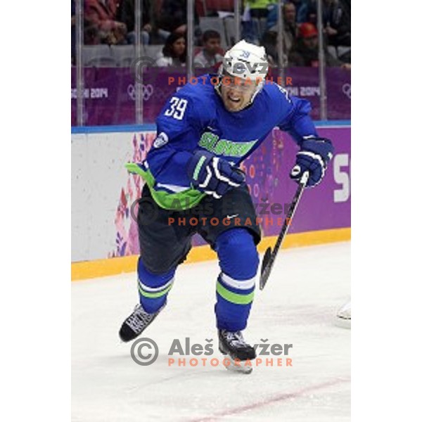 Jan Mursak of Slovenia in action during Preliminary round match Slovakia-Slovenia in Bolshoy Ice Dome, Sochi 2014 Winter Olympic games, Russia on February 15, 2014
