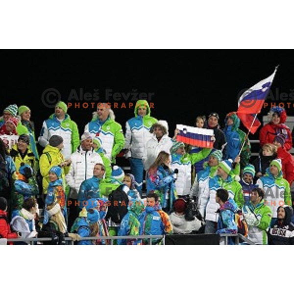 Slovenia supporters at Ski jumping on Large Hill at Sochi 2014 Winter Olympic Games in RusSki Gorki Ski Jumping Center, Russia on February 15, 2014