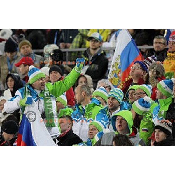 Slovenia supporters at Ski jumping on Large Hill at Sochi 2014 Winter Olympic Games in RusSki Gorki Ski Jumping Center, Russia on February 15, 2014