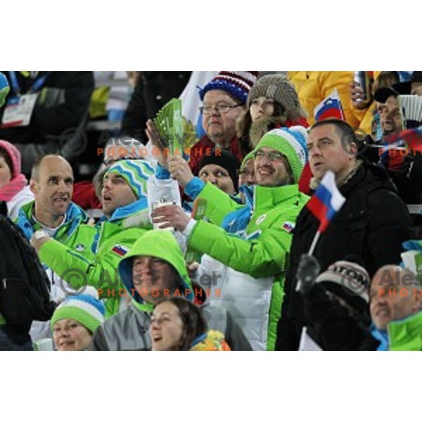 Slovenia supporters at Ski jumping on Large Hill at Sochi 2014 Winter Olympic Games in RusSki Gorki Ski Jumping Center, Russia on February 15, 2014