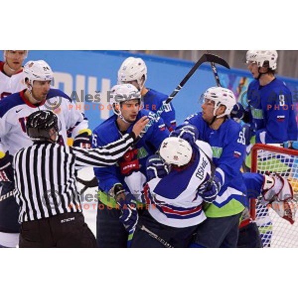 Blaz Gregorc, Robert Sabolic of Slovenia in action during Preliminary round match Slovenia-USA at Shayba Arena, Sochi 2014 Winter Olympic games, Russia on February 16, 2014
