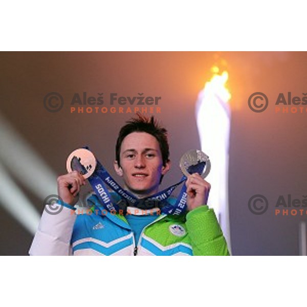 Peter Prevc of Slovenia, olympic silver and bronze medalist in Ski jumping at Sochi 2014 Winter Olympic Games in Olympic Park on February 16, 2014