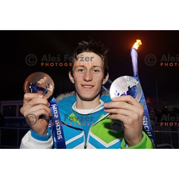 Peter Prevc of Slovenia, olympic silver and bronze medalist in Ski jumping at Sochi 2014 Winter Olympic Games in Olympic Park on February 16, 2014