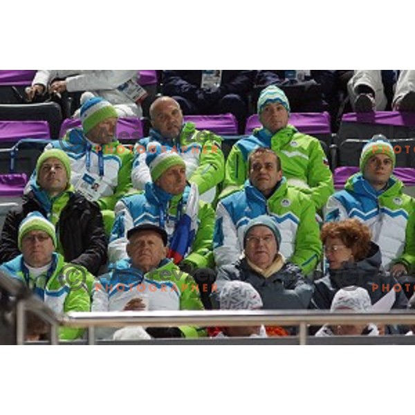 Borut Pahor, president of Slovenia cheers during Men\'s Team Ski jumping competition in RusSki Gorki , Sochi 2014 Winter Olympic Games , Russia on February 17, 2014