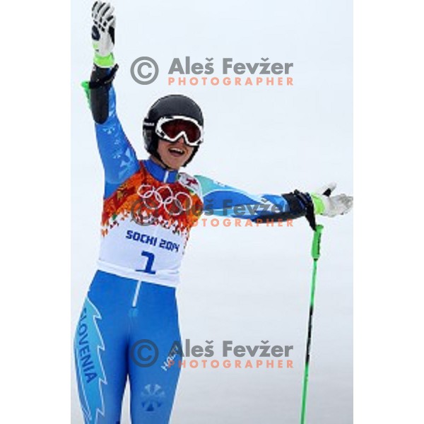 Tina Maze of Slovenia celebrates Olympic gold medal in Ladies Giant Slalom in Rosa Khutor Alpine Center , Sochi 2014 Winter Olympic Games on February 18, 2014