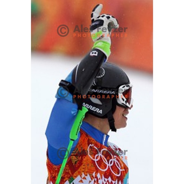 Tina Maze of Slovenia celebrates Olympic gold medal in Ladies Giant Slalom in Rosa Khutor Alpine Center , Sochi 2014 Winter Olympic Games on February 18, 2014