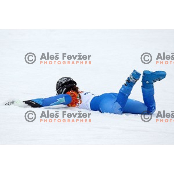 Tina Maze of Slovenia celebrates Olympic gold medal in Ladies Giant Slalom in Rosa Khutor Alpine Center , Sochi 2014 Winter Olympic Games on February 18, 2014