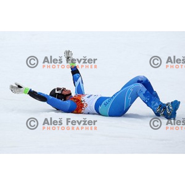 Tina Maze of Slovenia celebrates Olympic gold medal in Ladies Giant Slalom in Rosa Khutor Alpine Center , Sochi 2014 Winter Olympic Games on February 18, 2014