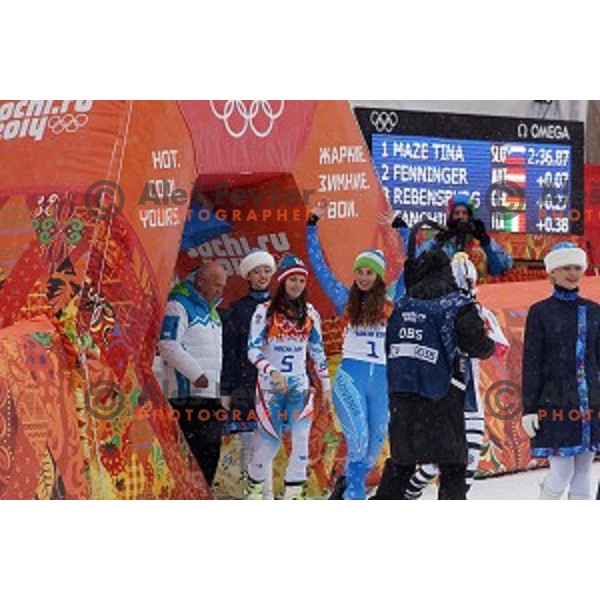 Tina Maze of Slovenia celebrates Olympic gold medal in Ladies Giant Slalom in Rosa Khutor Alpine Center , Sochi 2014 Winter Olympic Games on February 18, 2014