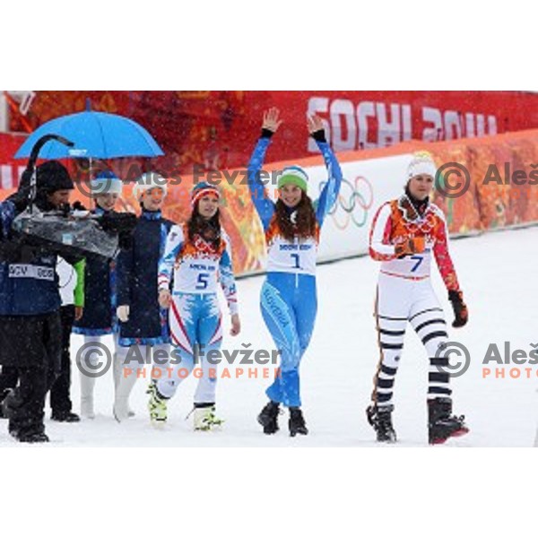 Tina Maze of Slovenia celebrates Olympic gold medal in Ladies Giant Slalom in Rosa Khutor Alpine Center , Sochi 2014 Winter Olympic Games on February 18, 2014