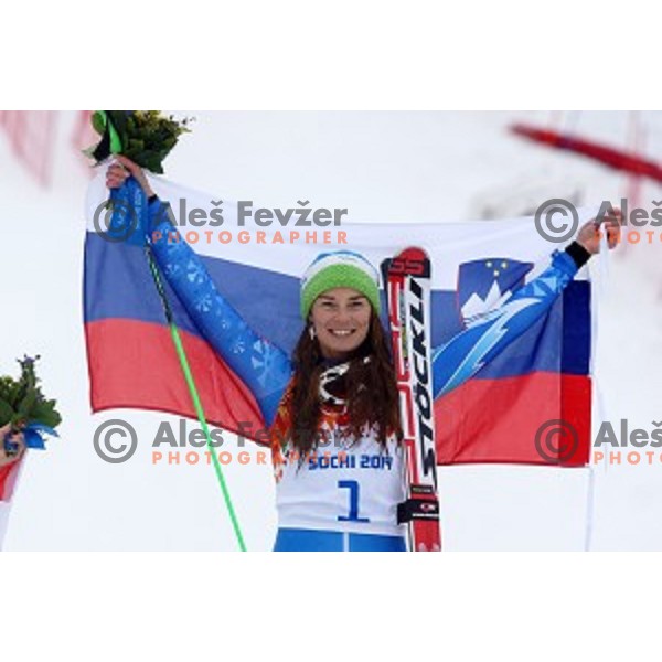 Tina Maze of Slovenia celebrates Olympic gold medal in Ladies Giant Slalom in Rosa Khutor Alpine Center , Sochi 2014 Winter Olympic Games on February 18, 2014