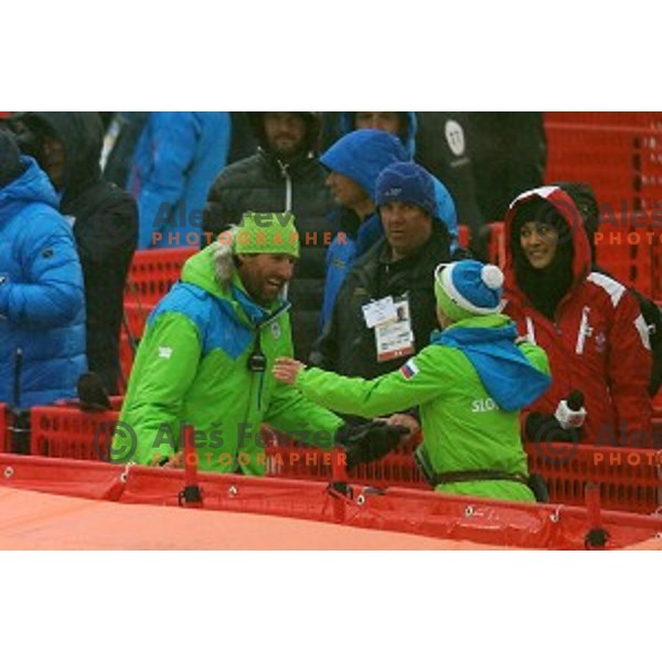 Andrea Massi and Nezka Poljansek celebrate Tina Maze\'s Olympic gold medal in Ladies Giant Slalom in Rosa Khutor Alpine Center , Sochi 2014 Winter Olympic Games on February 18, 2014