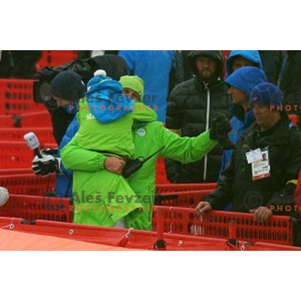 Andrea Massi and Nezka Poljansek celebrate Tina Maze\'s Olympic gold medal in Ladies Giant Slalom in Rosa Khutor Alpine Center , Sochi 2014 Winter Olympic Games on February 18, 2014