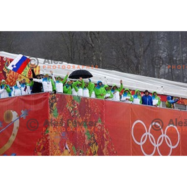Borut Pahor, Pikalo, Pintar, Kocijancic,Gabrovec, Jagodic, Kolar celebrate Tina Maze\'s Olympic gold medal in Ladies Giant Slalom in Rosa Khutor Alpine Center , Sochi 2014 Winter Olympic Games on February 18, 2014
