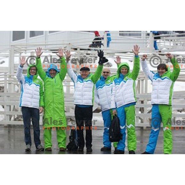Pikalo, Pintar, Kocijancic,Gabrovec, Jagodic, Kolar celebrate Tina Maze\'s Olympic gold medal in Ladies Giant Slalom in Rosa Khutor Alpine Center , Sochi 2014 Winter Olympic Games on February 18, 2014