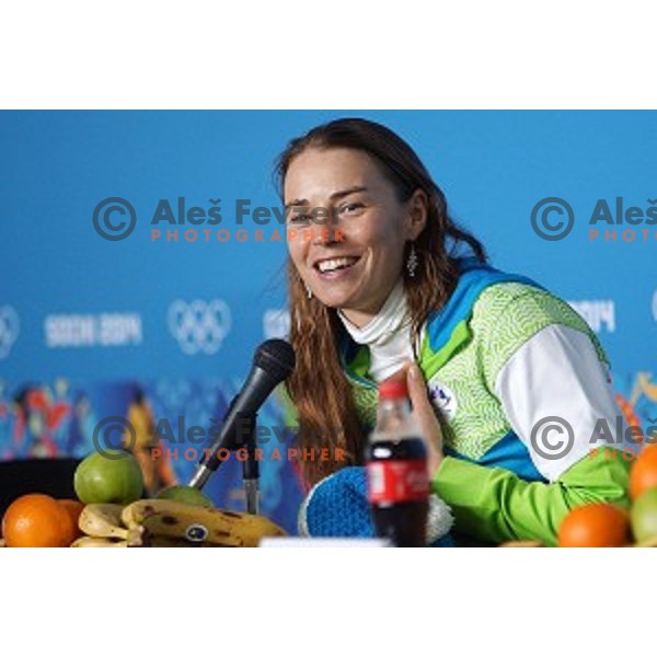 Tina Maze of Slovenia, Olympic gold medalist in Ladies Giant Slalom during post race press conference in Rosa Khutor Alpine Center , Sochi 2014 Winter Olympic Games on February 18, 2014
