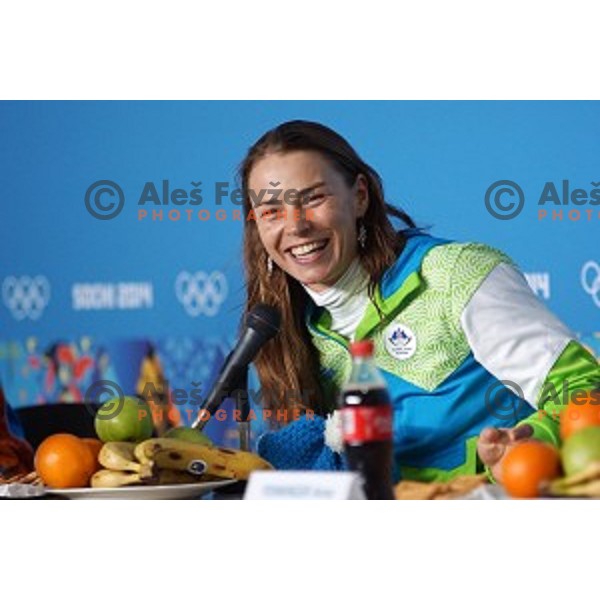 Tina Maze of Slovenia, Olympic gold medalist in Ladies Giant Slalom during post race press conference in Rosa Khutor Alpine Center , Sochi 2014 Winter Olympic Games on February 18, 2014