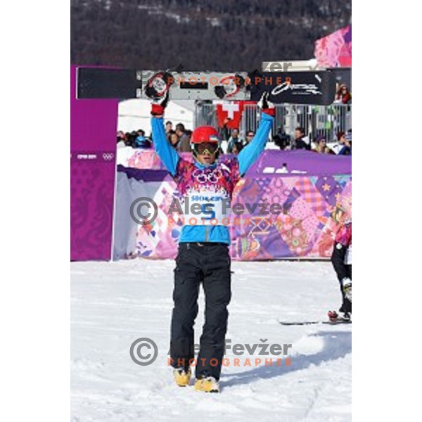 Zan Kosir of Slovenia celebrates bronze Olympic medal in Men\'s Parallel Giant Slalom in Rosa Khutor Extreme Park, Sochi 2014 Winter Olympic Games, Russia on February 19, 2014