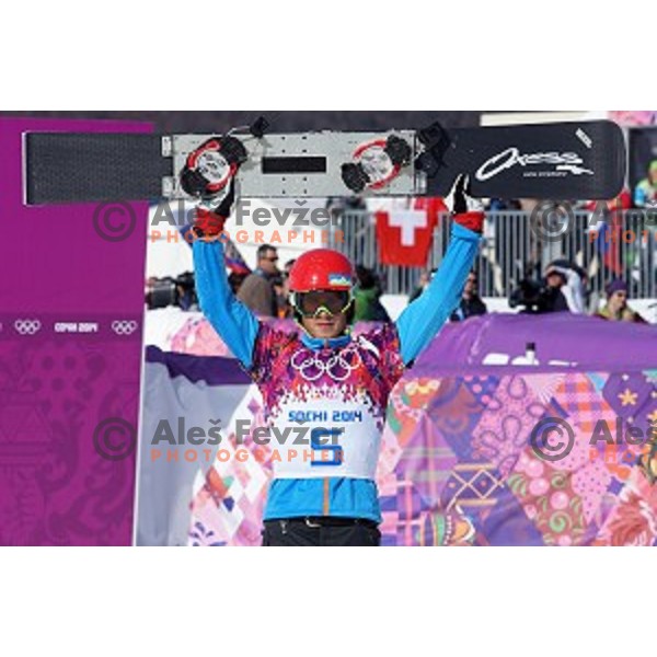 Zan Kosir of Slovenia celebrates bronze Olympic medal in Men\'s Parallel Giant Slalom in Rosa Khutor Extreme Park, Sochi 2014 Winter Olympic Games, Russia on February 19, 2014