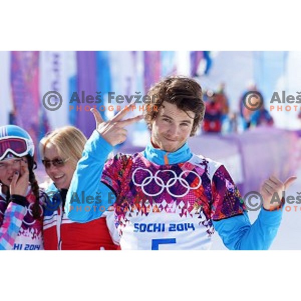 Zan Kosir of Slovenia celebrates bronze Olympic medal in Men\'s Parallel Giant Slalom in Rosa Khutor Extreme Park, Sochi 2014 Winter Olympic Games, Russia on February 19, 2014