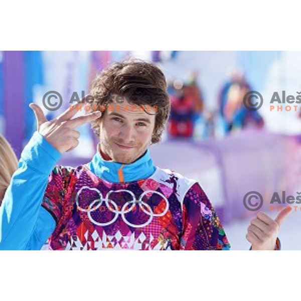 Zan Kosir of Slovenia celebrates bronze Olympic medal in Men\'s Parallel Giant Slalom in Rosa Khutor Extreme Park, Sochi 2014 Winter Olympic Games, Russia on February 19, 2014