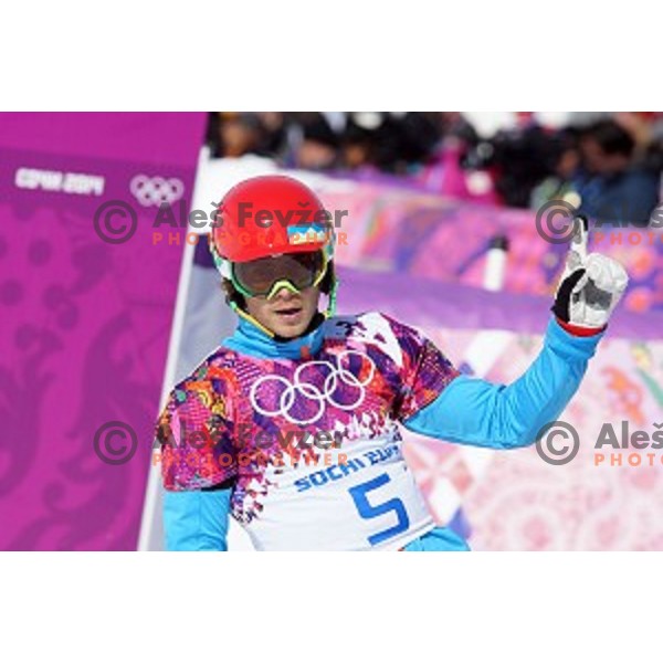 Zan Kosir of Slovenia celebrates bronze Olympic medal in Men\'s Parallel Giant Slalom in Rosa Khutor Extreme Park, Sochi 2014 Winter Olympic Games, Russia on February 19, 2014