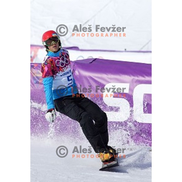 Zan Kosir of Slovenia celebrates bronze Olympic medal in Men\'s Parallel Giant Slalom in Rosa Khutor Extreme Park, Sochi 2014 Winter Olympic Games, Russia on February 19, 2014