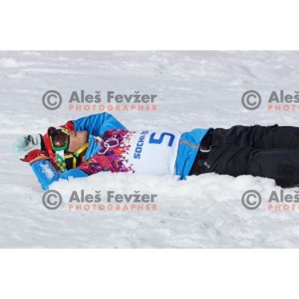 Zan Kosir of Slovenia celebrates bronze Olympic medal in Men\'s Parallel Giant Slalom in Rosa Khutor Extreme Park, Sochi 2014 Winter Olympic Games, Russia on February 19, 2014